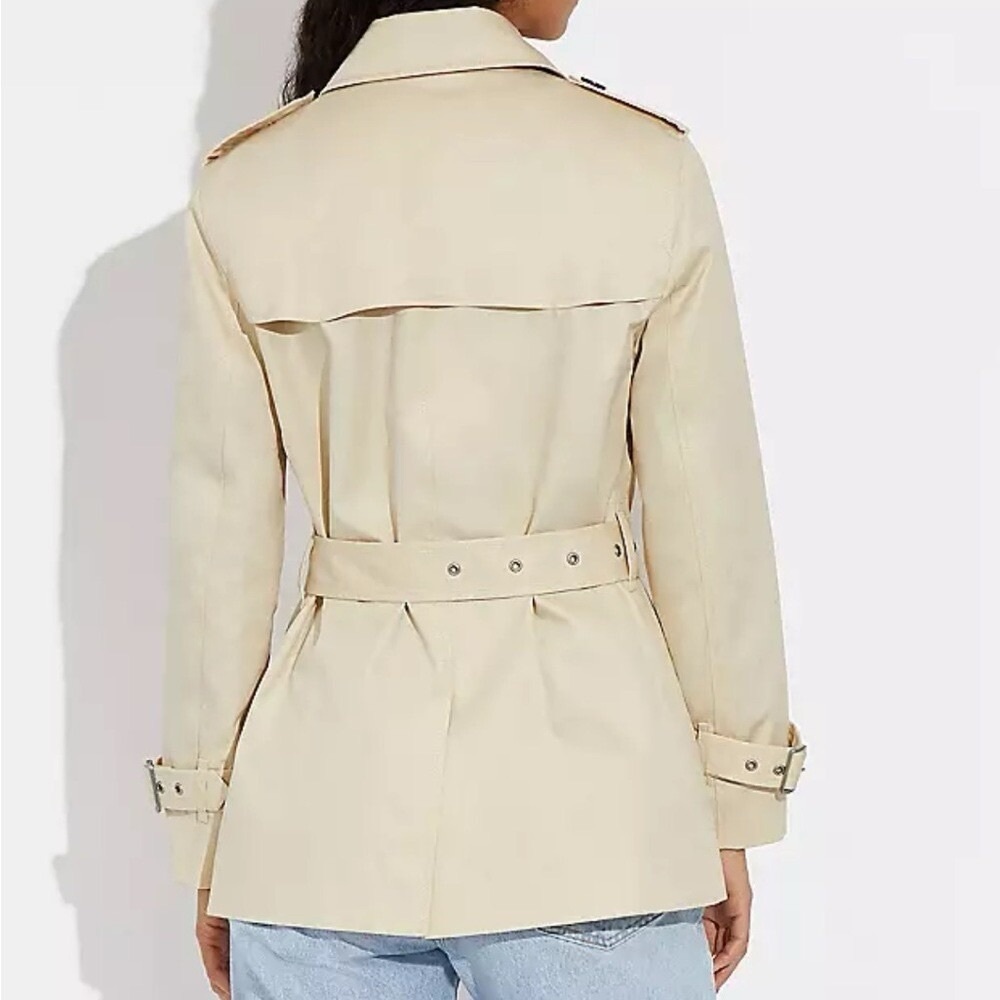 NEW Coach Women's Solid Short Trench Coat Bone Size XS Belted Cream Caramel - Picture 3 of 10